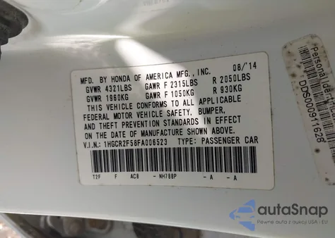 2015 Honda Accord Sport z USA, uszkodzony, nr VIN 1HGCR2F58FA006523